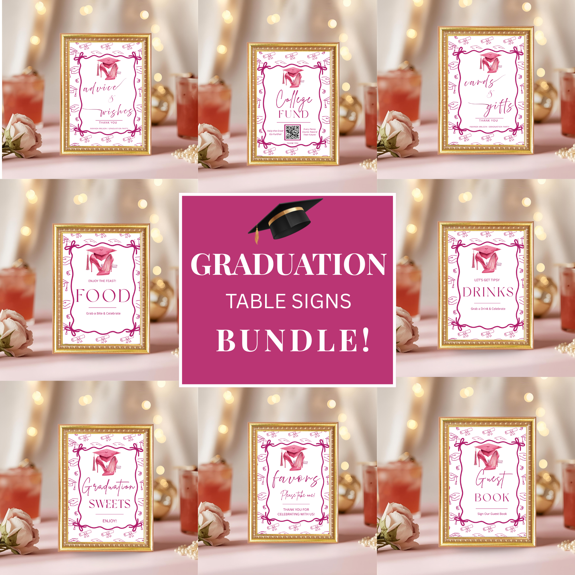 Pink Coquette Graduation Table Signs Bundle, Senior Grad Favor sign, College Fund Sign, Food Sign, Graduates Party Decor Printable Template