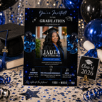 Graduation Invitation with Photo, Class of 2026 Grad Party Invite for Him and Her, High School College, Blue Editable Printable Template