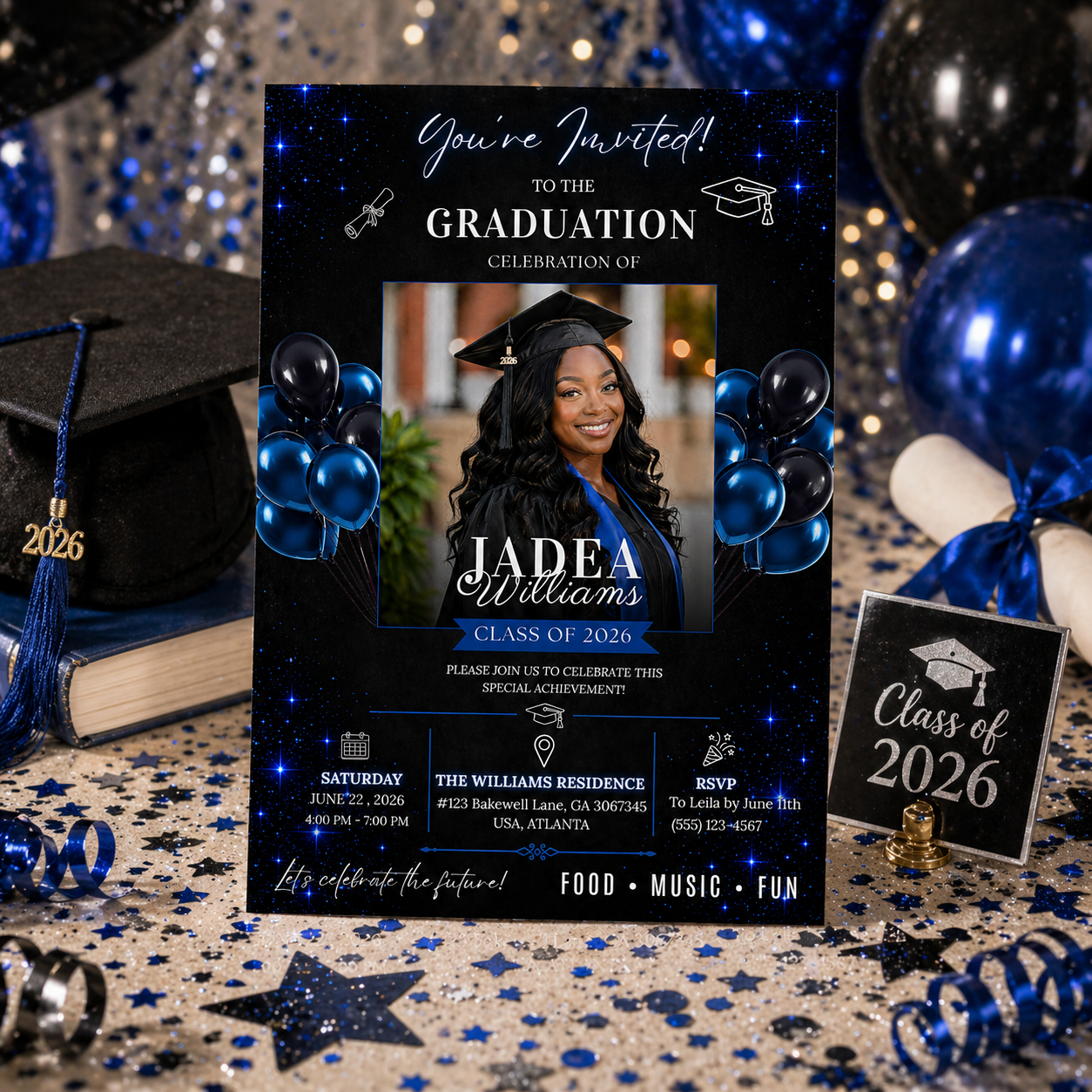 Graduation Invitation with Photo, Class of 2026 Grad Party Invite for Him and Her, High School College, Blue Editable Printable Template