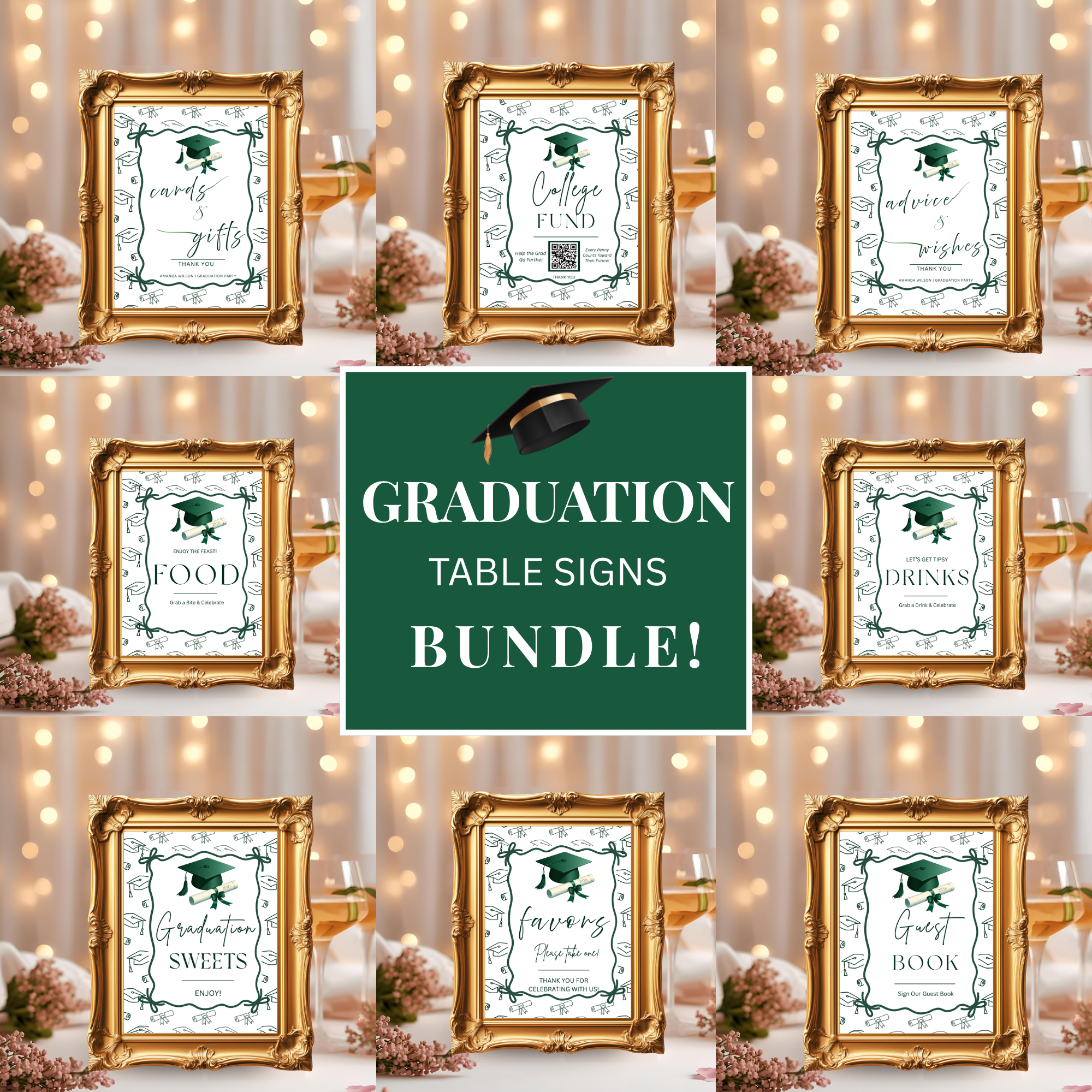 Green Coquette Graduation Table Signs Bundle, Senior Grad Favor sign, College Fund Sign, Food Sign, Graduates Party Decor Printable Template
