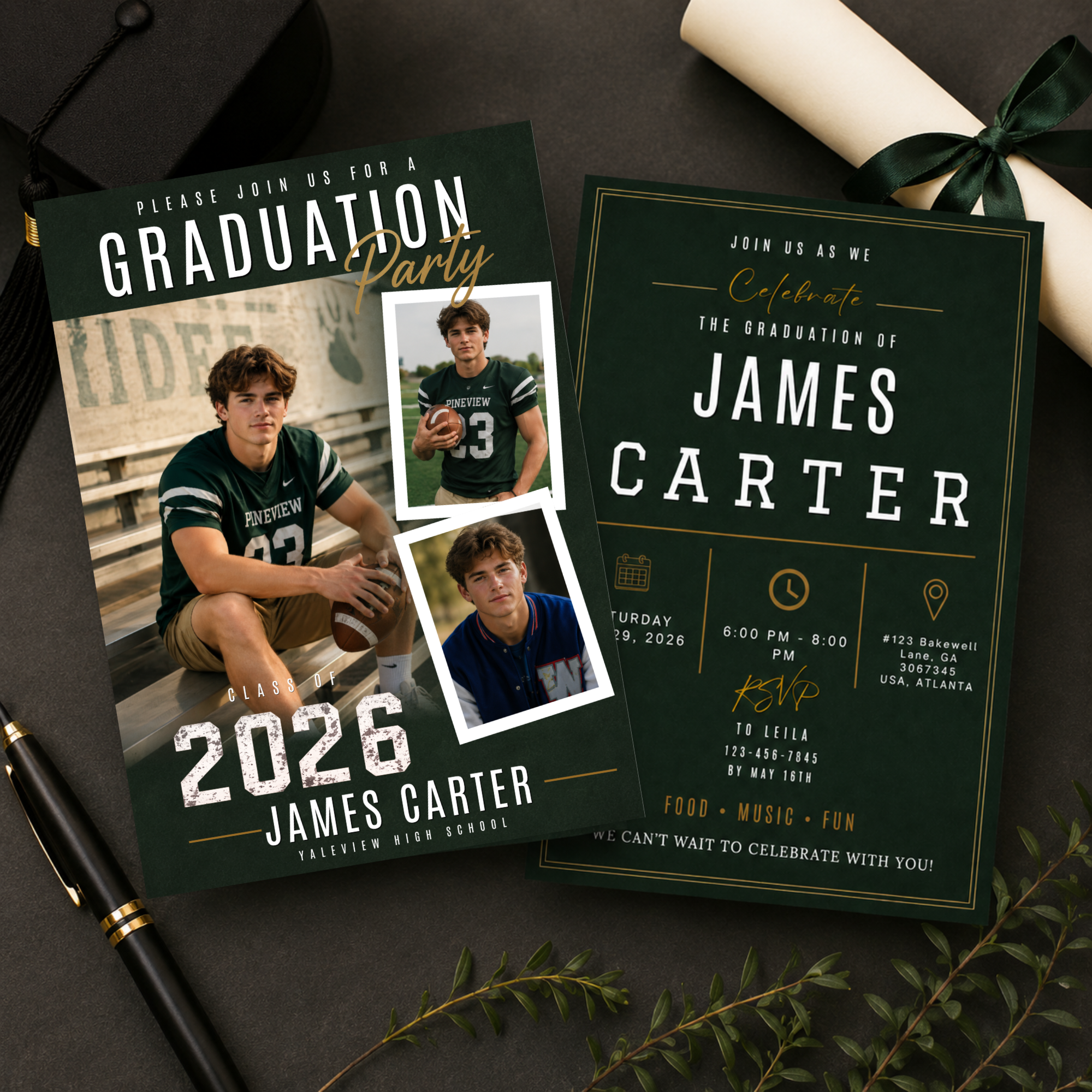 Green Graduation Invitation with Photo for Him, Class of 2026 High School College Grad Party Invite, Senior Grad Invite, Printable Template