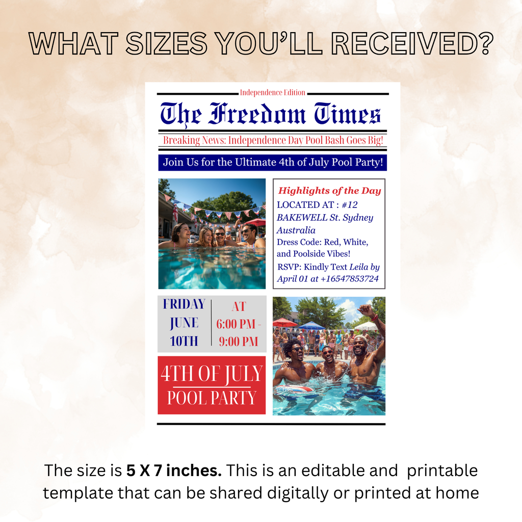 Newspaper 4th of July Pool Party Invitation with Photo, Patriotic BBQ Cookout Invite, USA Independence Day, Printable Digital Template