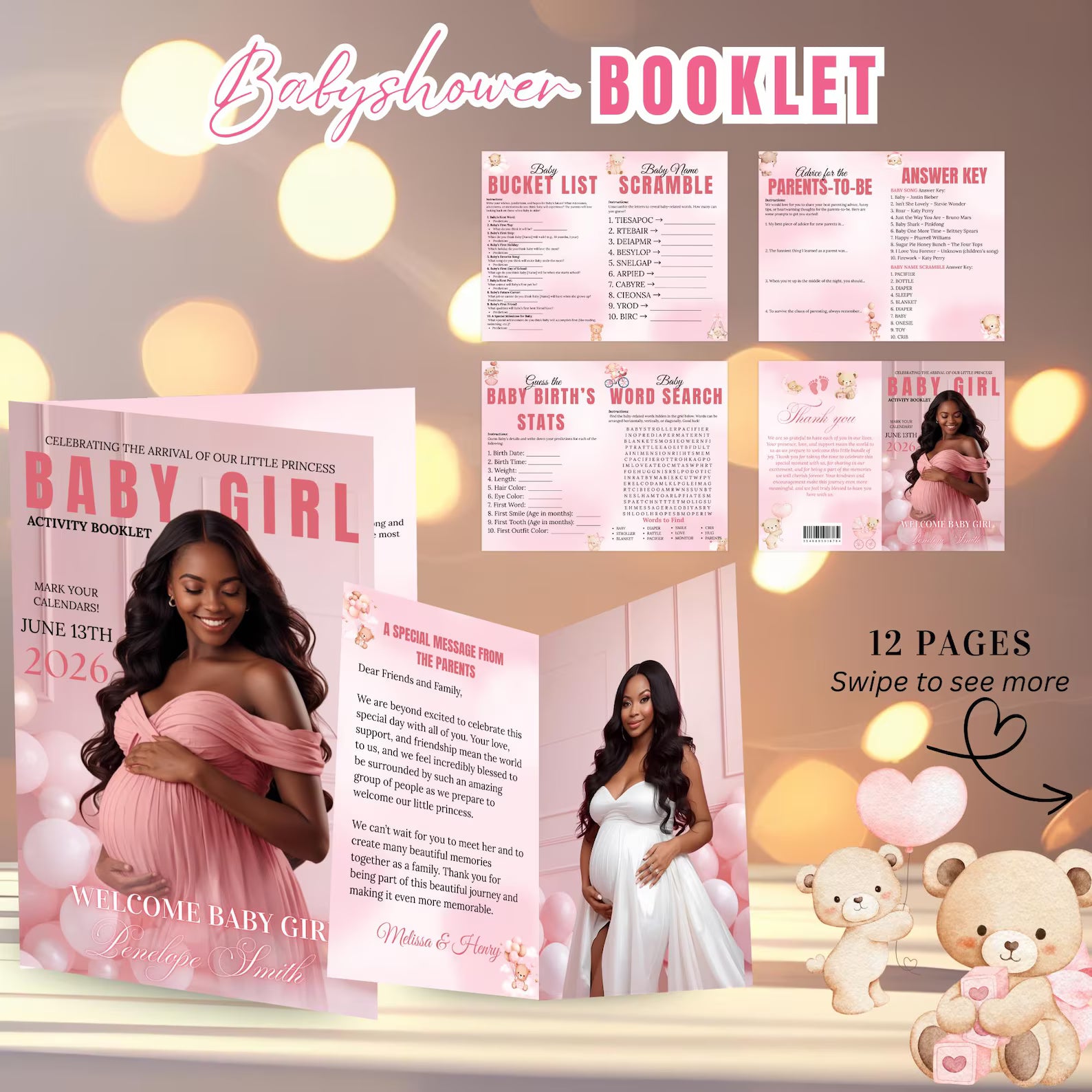 Pink Baby Shower Activity Booklet, Baby Shower Games Bundle Teddy Bear Themed, Magazine Style with photo Printable Party Decor Template