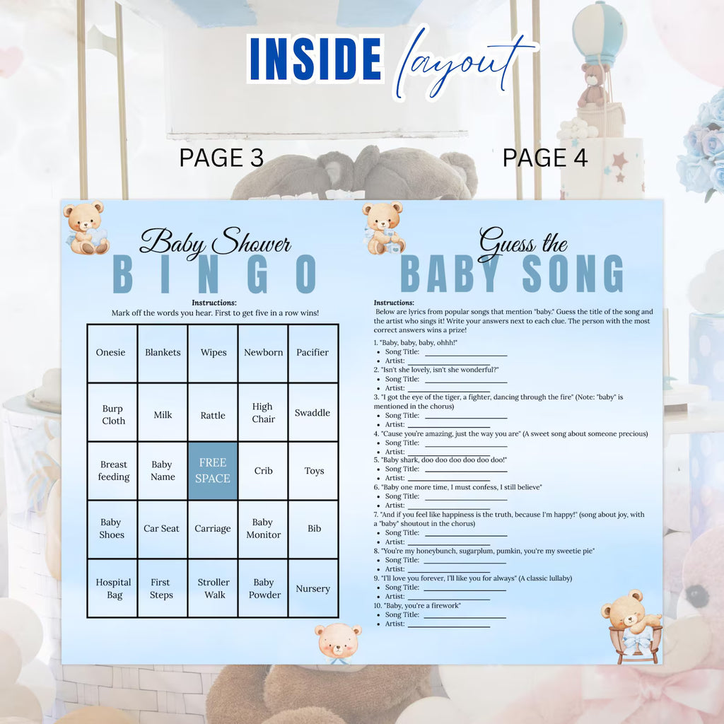 Blue Bear Baby Shower Activity Booklet, Baby Shower Games Bundle Teddy Bear Themed, Magazine Style with photo Printable Party Decor Template