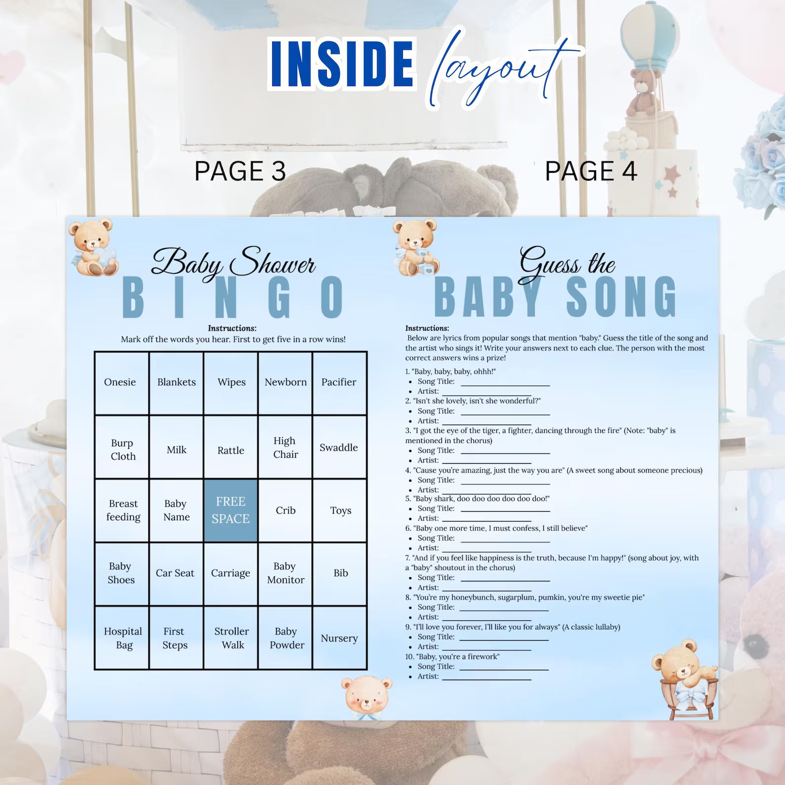 Blue Bear Baby Shower Activity Booklet, Baby Shower Games Bundle Teddy Bear Themed, Magazine Style with photo Printable Party Decor Template