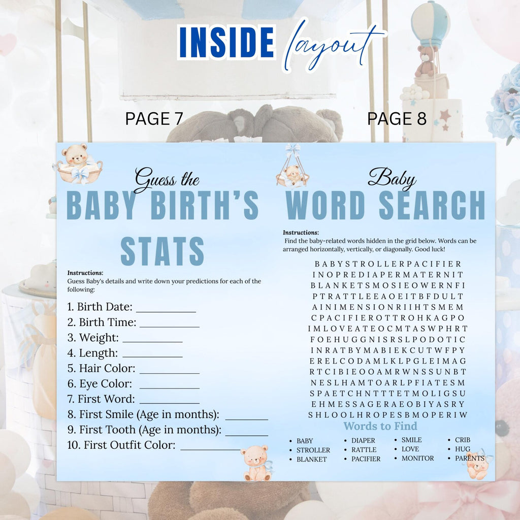 Blue Bear Baby Shower Activity Booklet, Baby Shower Games Bundle Teddy Bear Themed, Magazine Style with photo Printable Party Decor Template