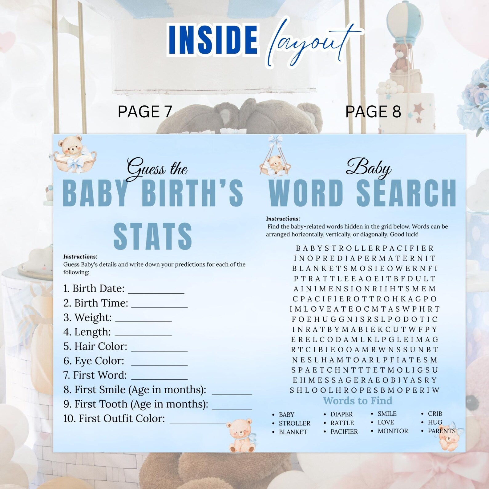 Blue Bear Baby Shower Activity Booklet, Baby Shower Games Bundle Teddy Bear Themed, Magazine Style with photo Printable Party Decor Template