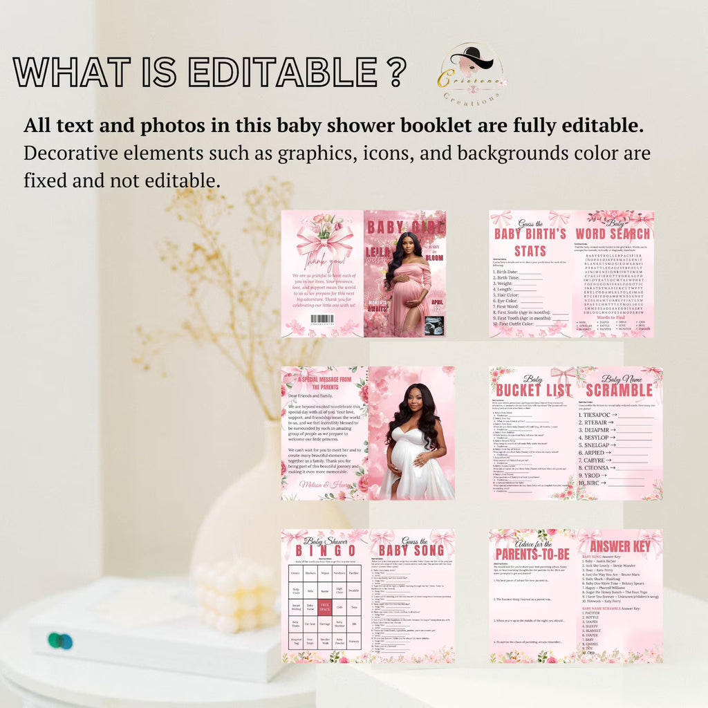 Wildflower Baby Shower Activity Booklet, Baby In Bloom Games Bundle, Pink Coquette Bow Themed with photo, Printable Party Decor Template