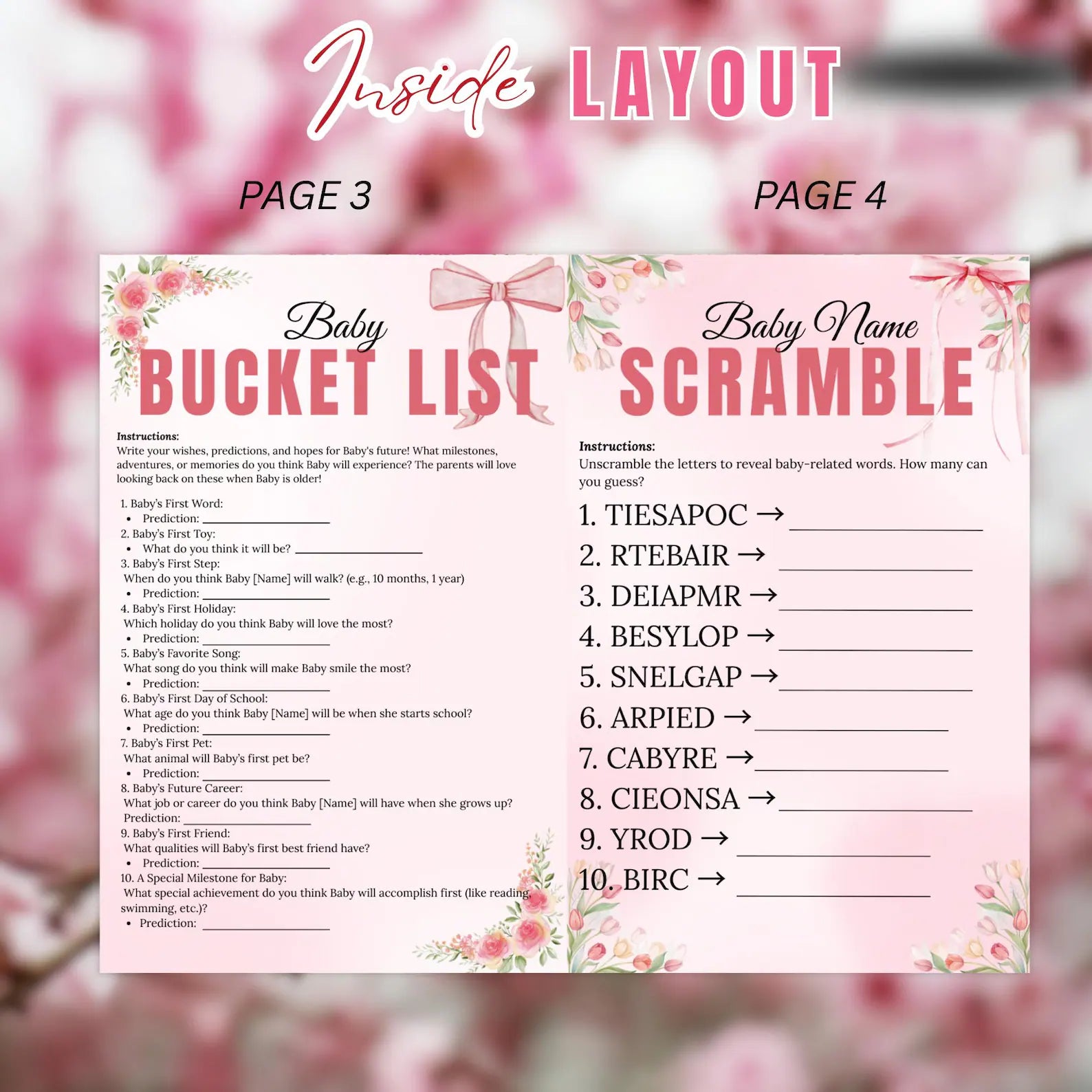 Wildflower Baby Shower Activity Booklet, Baby In Bloom Games Bundle, Pink Coquette Bow Themed with photo, Printable Party Decor Template