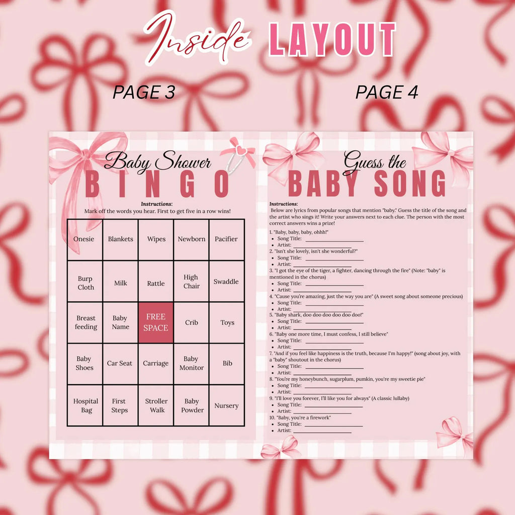 Coquette Baby Shower Activity Booklet, Pink Bow Games Bundle, Its a Girl Booklet with photo, Oh Baby Games Printable Party Decor Template