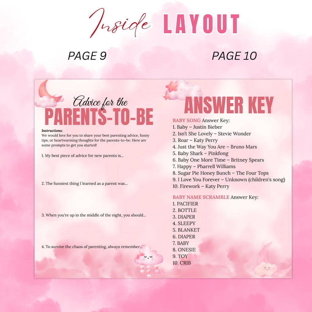 Cloud 9 Baby Shower Activity Booklet, Pink Cloud Nine Games Bundle, Girl Booklet with photo, Oh Baby Games Printable Party Decor Template