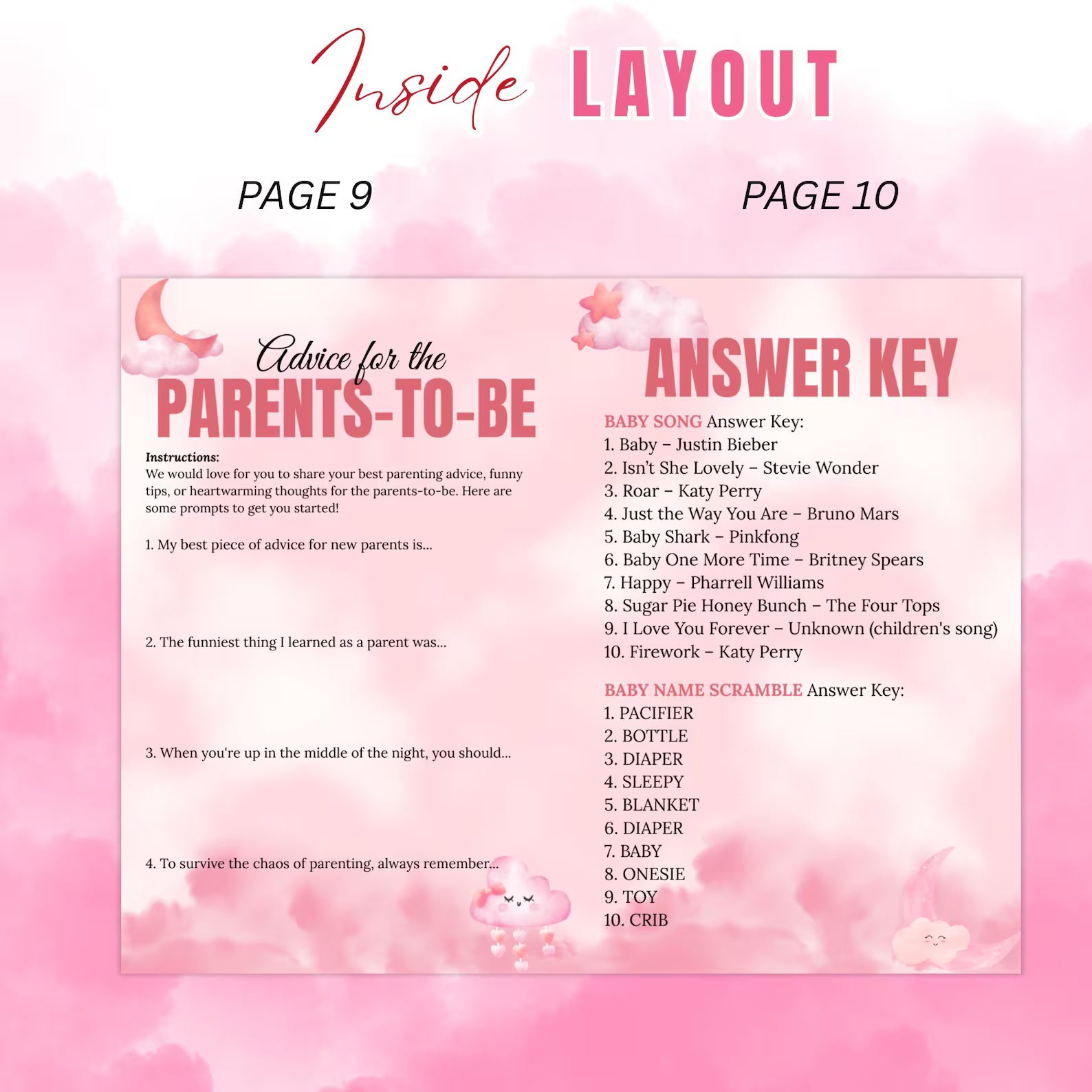 Cloud 9 Baby Shower Activity Booklet, Pink Cloud Nine Games Bundle, Girl Booklet with photo, Oh Baby Games Printable Party Decor Template
