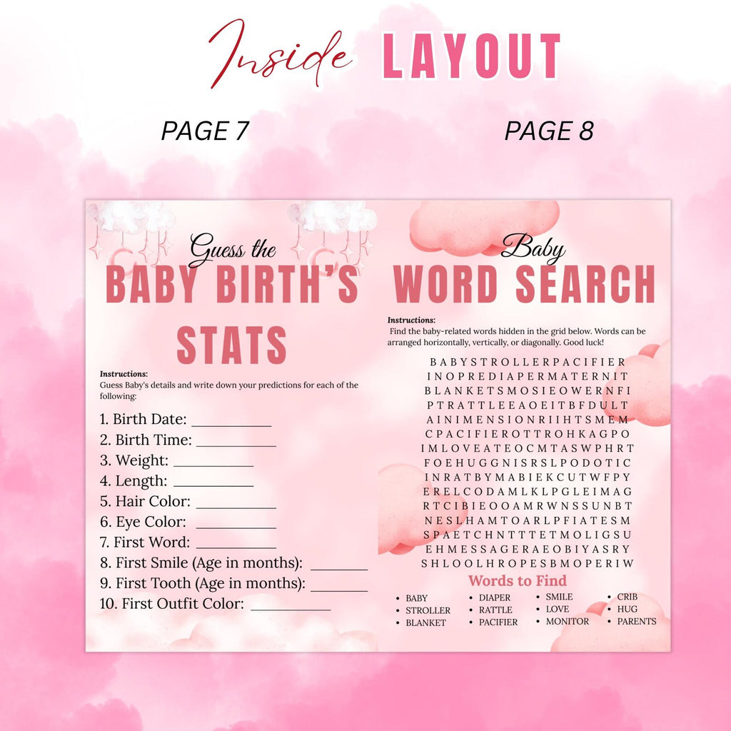 Cloud 9 Baby Shower Activity Booklet, Pink Cloud Nine Games Bundle, Girl Booklet with photo, Oh Baby Games Printable Party Decor Template