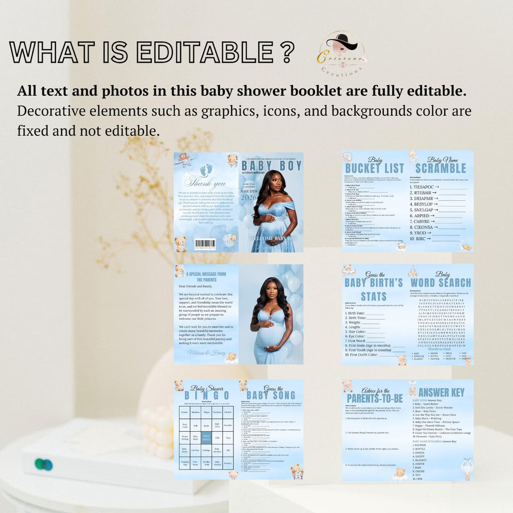 Blue Bear Baby Shower Activity Booklet, Baby Shower Games Bundle Teddy Bear Themed, Magazine Style with photo Printable Party Decor Template