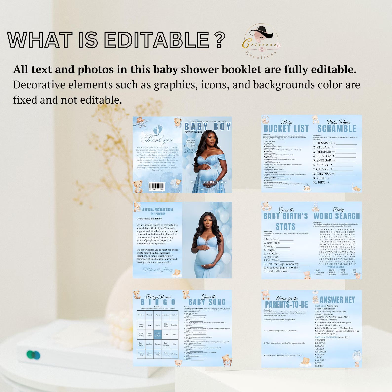 Blue Bear Baby Shower Activity Booklet, Baby Shower Games Bundle Teddy Bear Themed, Magazine Style with photo Printable Party Decor Template