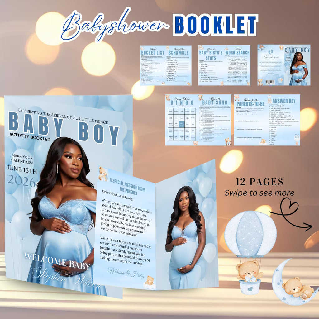 Blue Bear Baby Shower Activity Booklet, Baby Shower Games Bundle Teddy Bear Themed, Magazine Style with photo Printable Party Decor Template