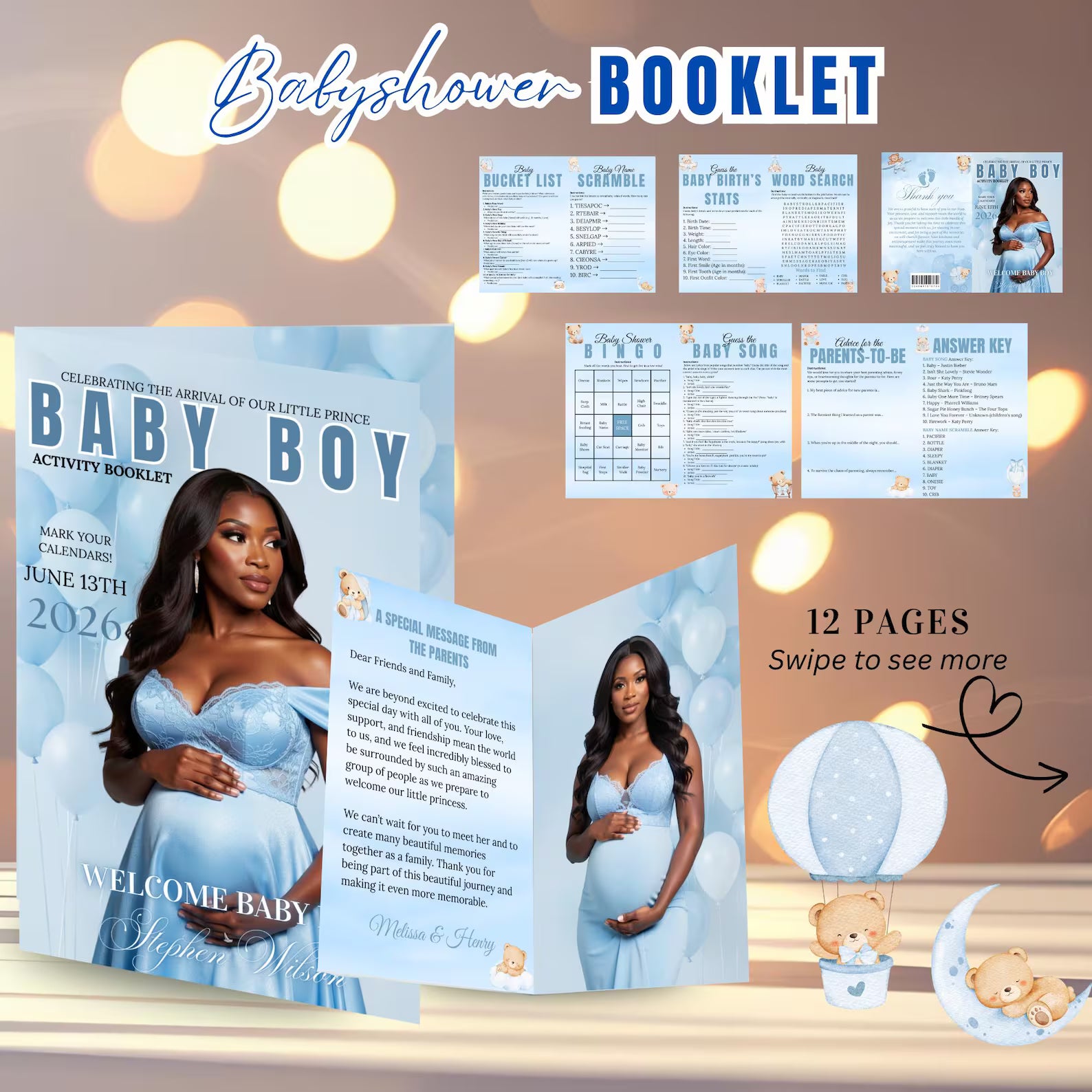 Blue Bear Baby Shower Activity Booklet, Baby Shower Games Bundle Teddy Bear Themed, Magazine Style with photo Printable Party Decor Template