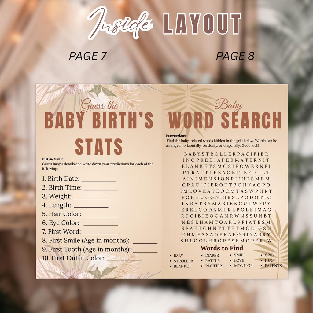 Boho Baby Shower Activity Booklet, Brown Bohemian Games Bundle Spring Pampas Grass Theme with photo, Girl Boy Printable Party Decor Template