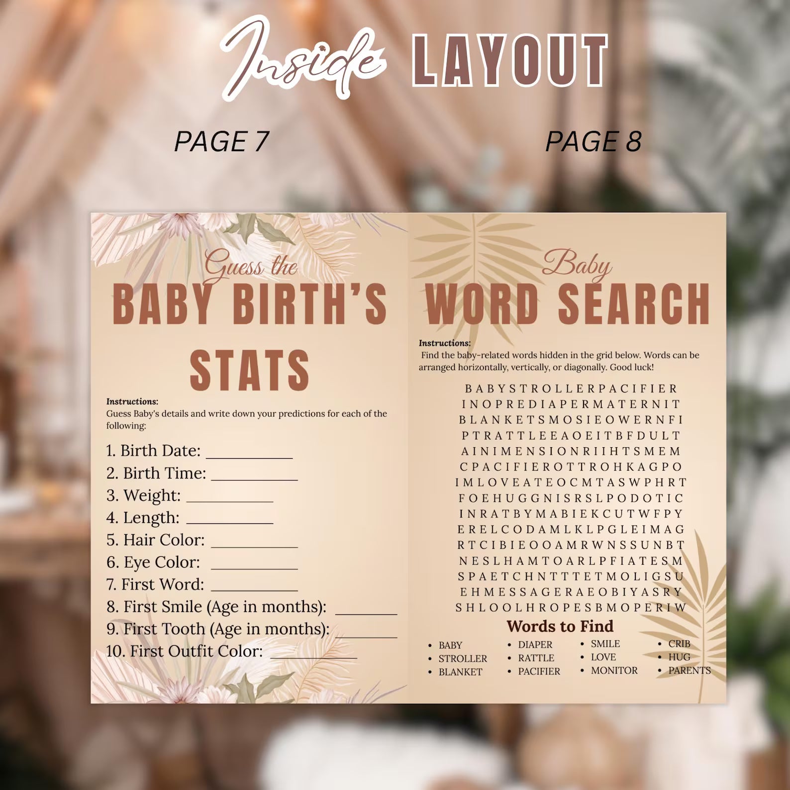 Boho Baby Shower Activity Booklet, Brown Bohemian Games Bundle Spring Pampas Grass Theme with photo, Girl Boy Printable Party Decor Template