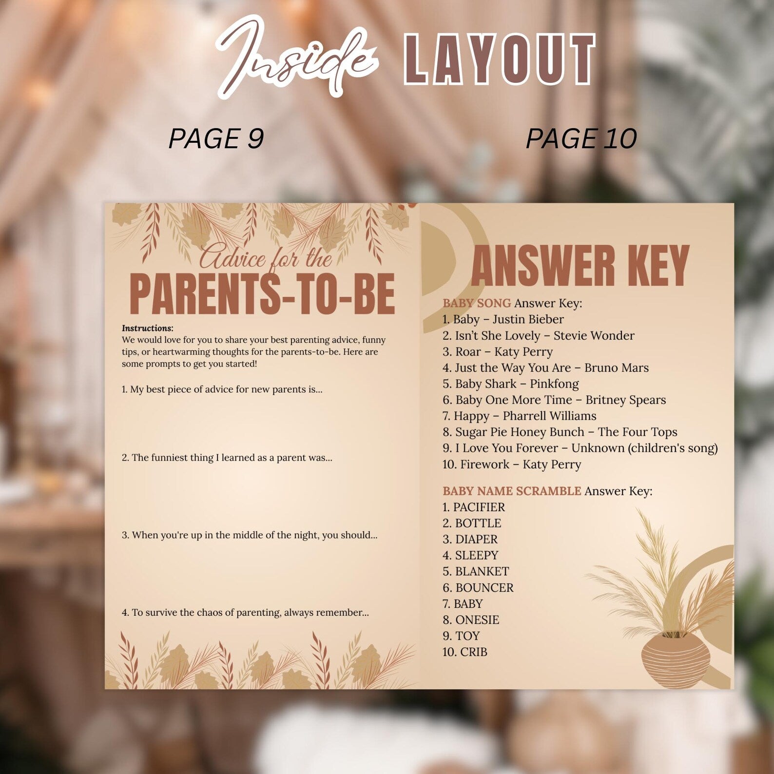 Boho Baby Shower Activity Booklet, Brown Bohemian Games Bundle Spring Pampas Grass Theme with photo, Girl Boy Printable Party Decor Template