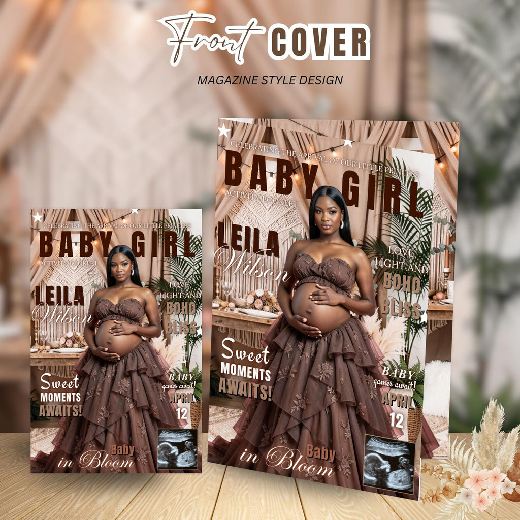 Boho Baby Shower Activity Booklet, Brown Bohemian Games Bundle Spring Pampas Grass Theme with photo, Girl Boy Printable Party Decor Template