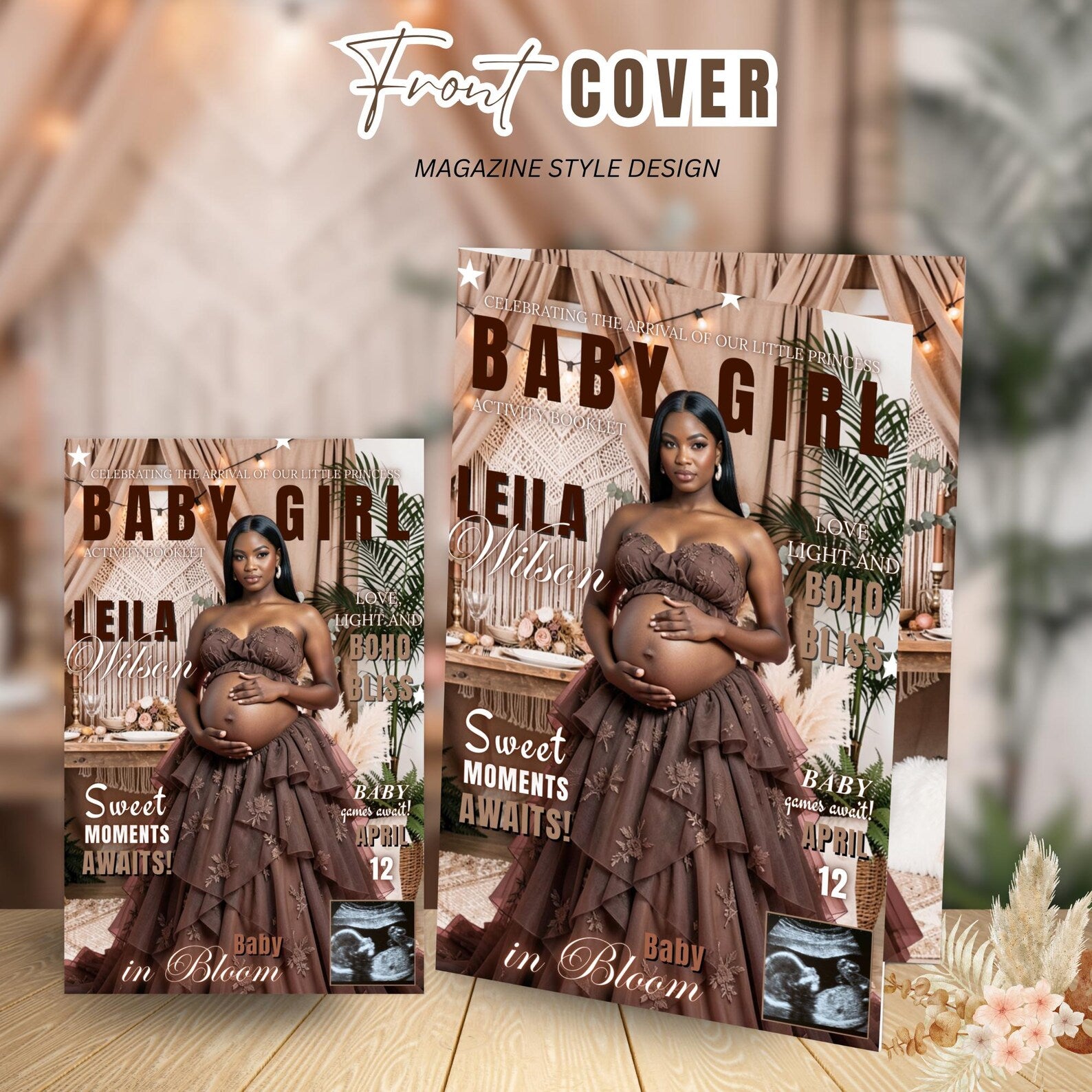 Boho Baby Shower Activity Booklet, Brown Bohemian Games Bundle Spring Pampas Grass Theme with photo, Girl Boy Printable Party Decor Template
