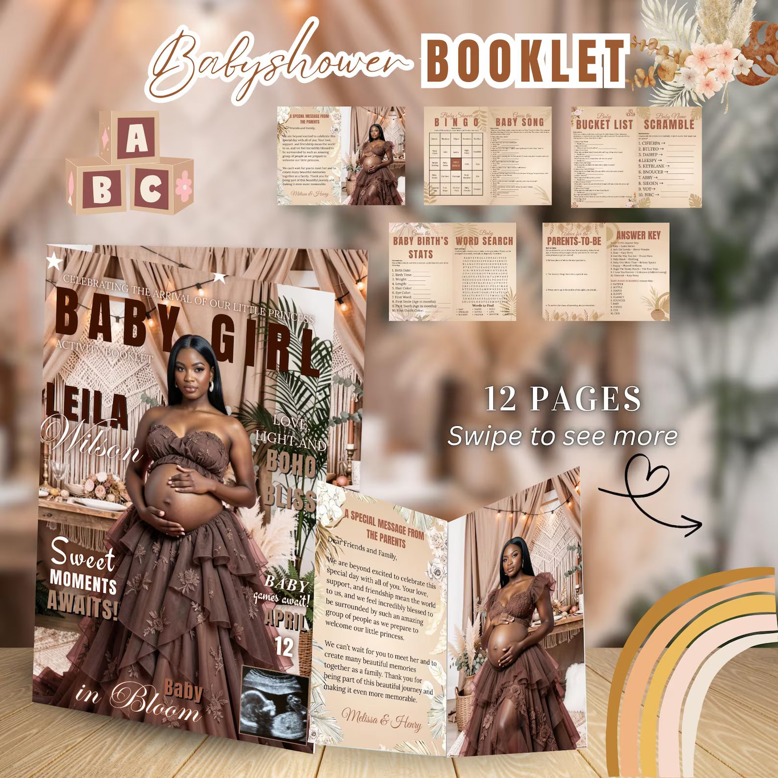 Boho Baby Shower Activity Booklet, Brown Bohemian Games Bundle Spring Pampas Grass Theme with photo, Girl Boy Printable Party Decor Template