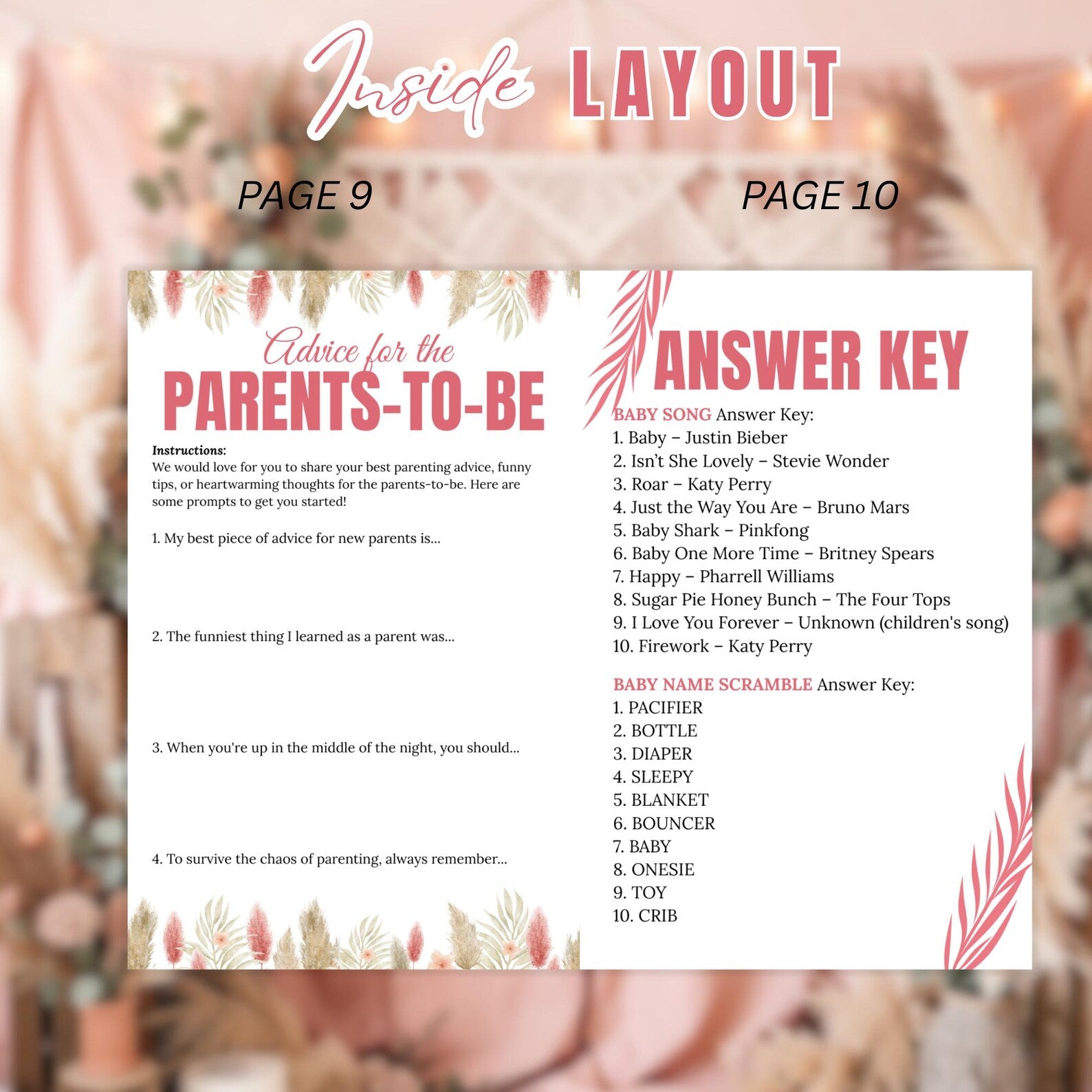 Pink Boho Baby Shower Activity Booklet, Bohemian Games Bundle, Spring Pampas Grass Theme with photo, Girl Printable Party Decor Template