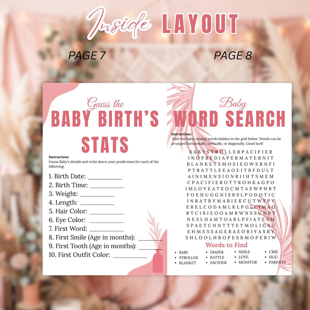 Pink Boho Baby Shower Activity Booklet, Bohemian Games Bundle, Spring Pampas Grass Theme with photo, Girl Printable Party Decor Template