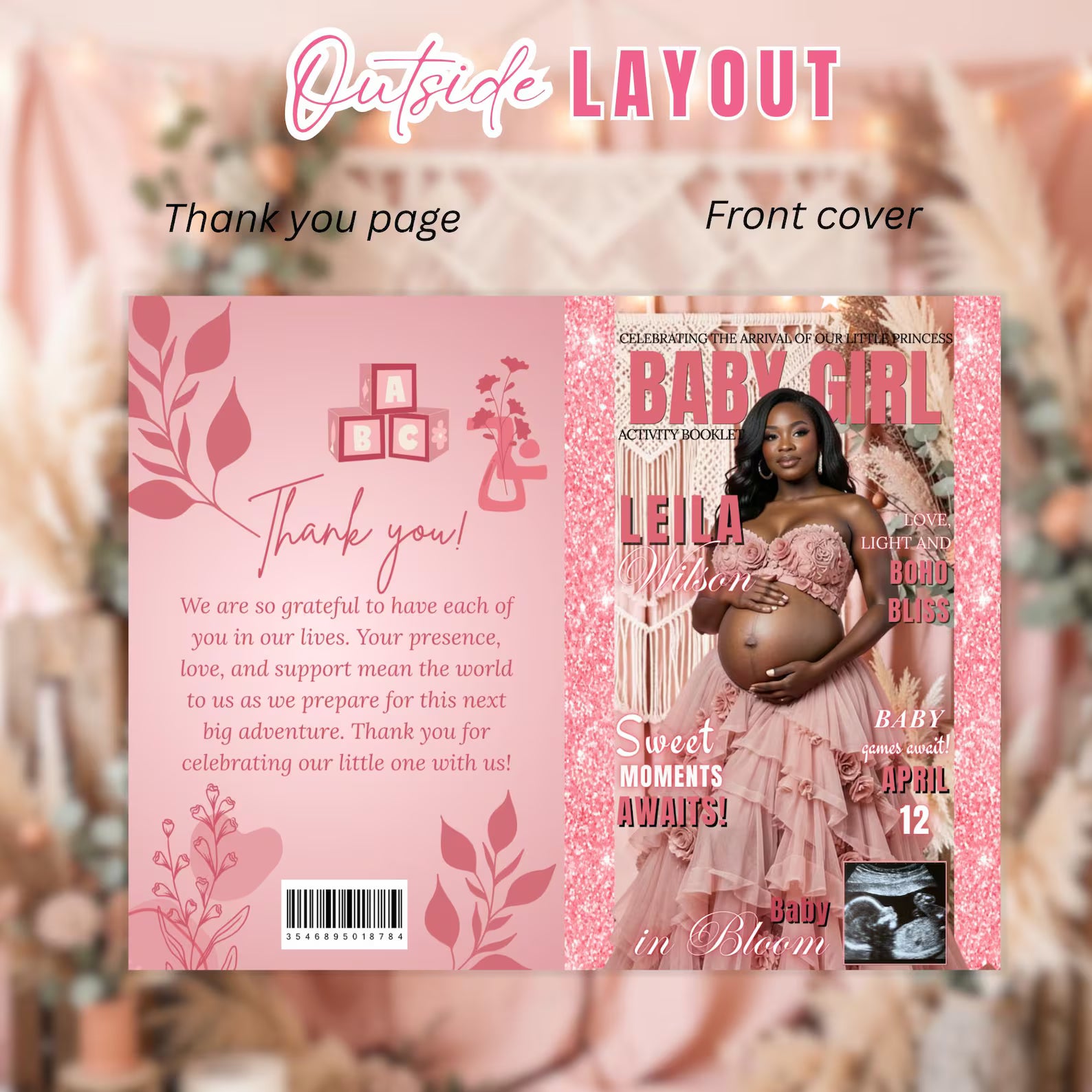 Pink Boho Baby Shower Activity Booklet, Bohemian Games Bundle, Spring Pampas Grass Theme with photo, Girl Printable Party Decor Template
