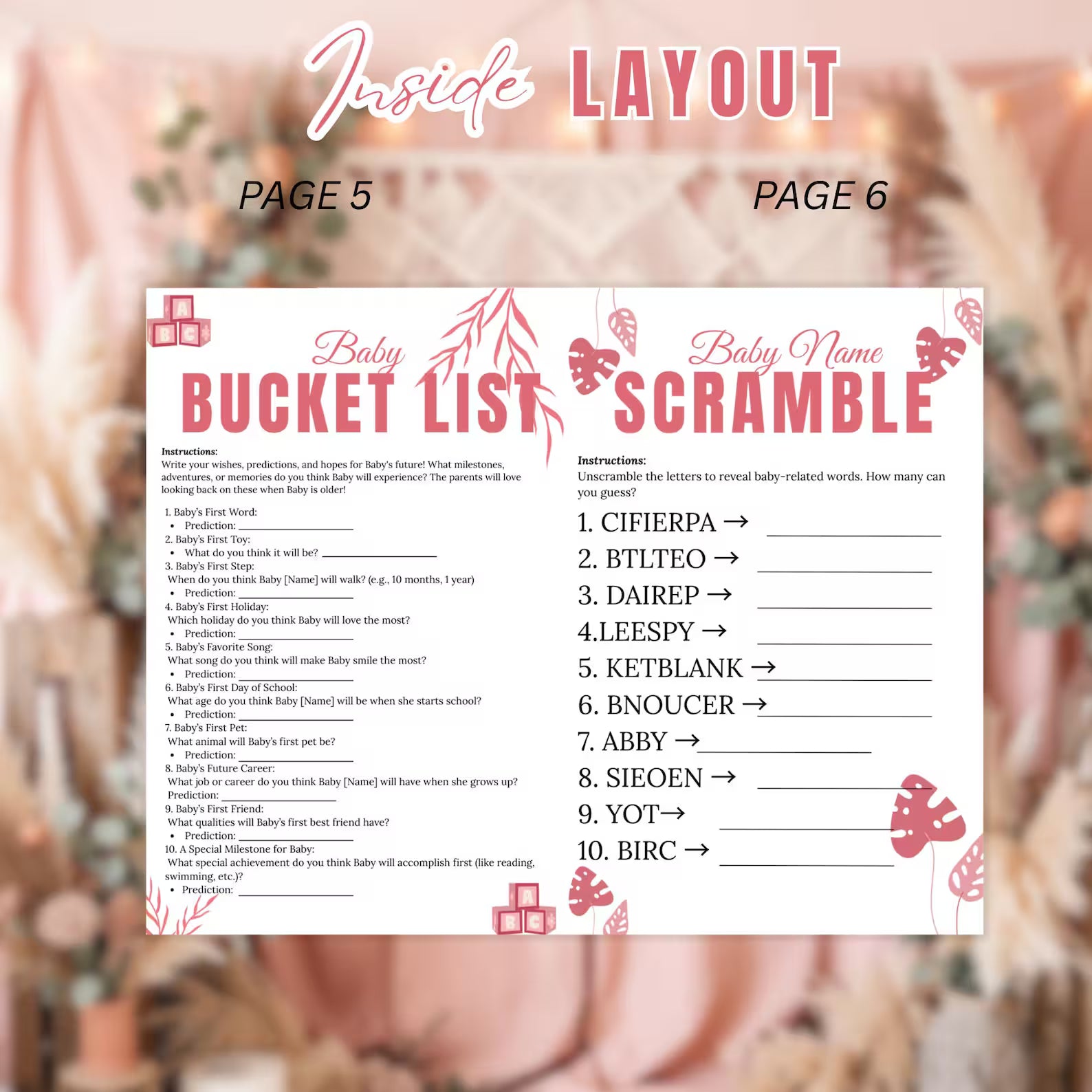 Pink Boho Baby Shower Activity Booklet, Bohemian Games Bundle, Spring Pampas Grass Theme with photo, Girl Printable Party Decor Template