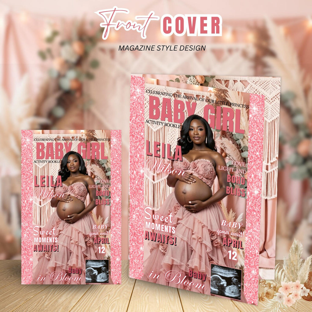 Pink Boho Baby Shower Activity Booklet, Bohemian Games Bundle, Spring Pampas Grass Theme with photo, Girl Printable Party Decor Template