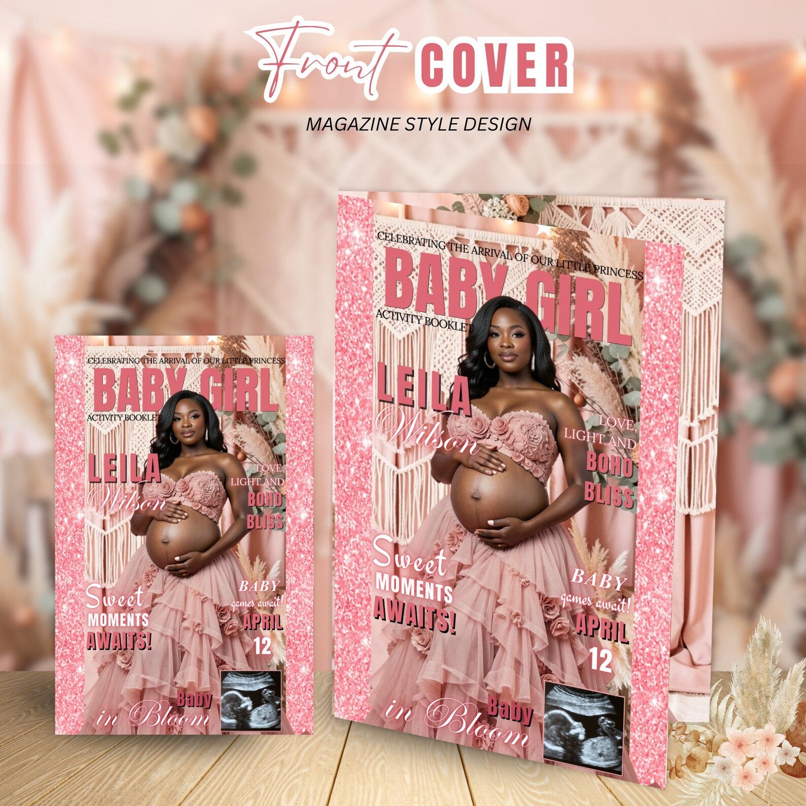 Pink Boho Baby Shower Activity Booklet, Bohemian Games Bundle, Spring Pampas Grass Theme with photo, Girl Printable Party Decor Template