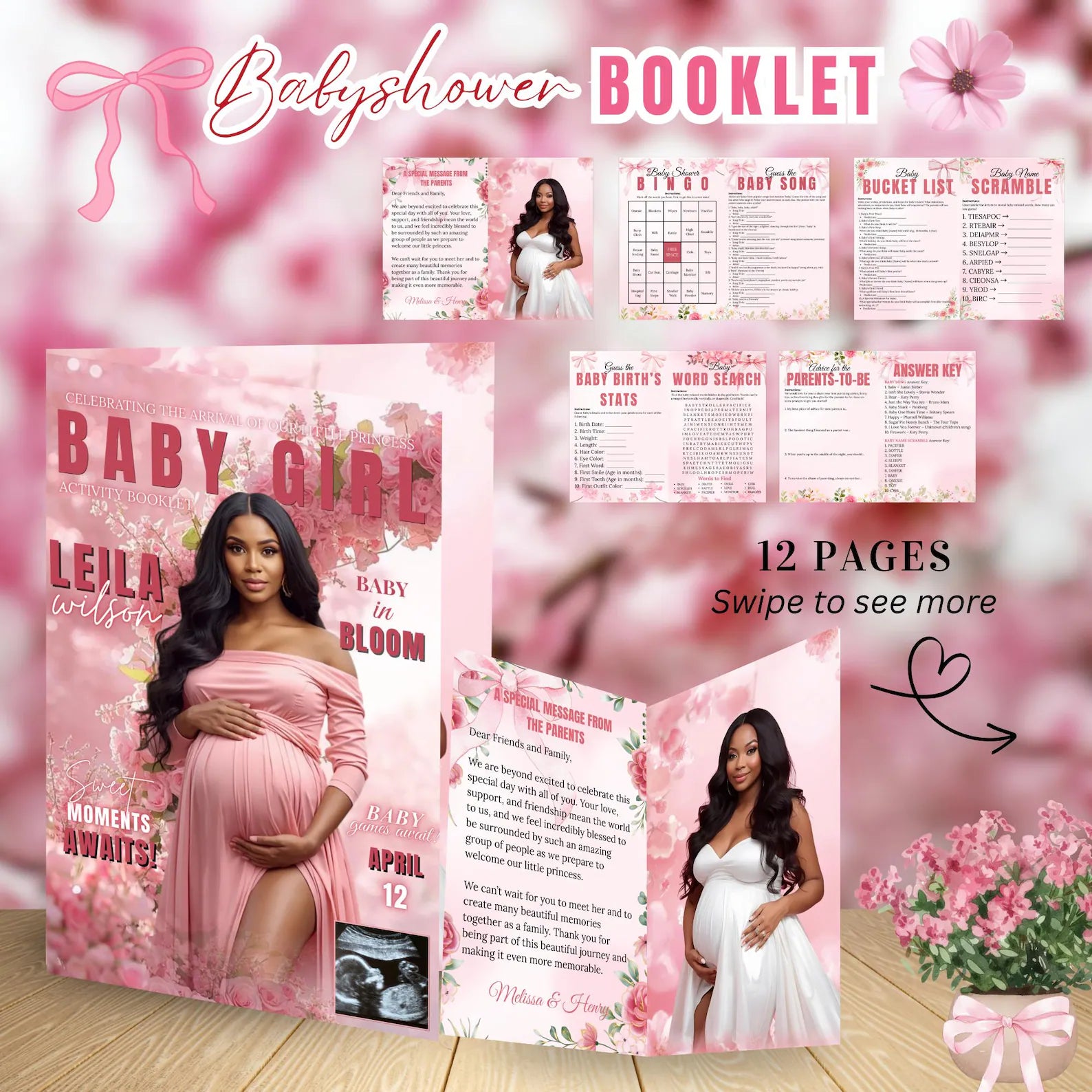 Wildflower Baby Shower Activity Booklet, Baby In Bloom Games Bundle, Pink Coquette Bow Themed with photo, Printable Party Decor Template
