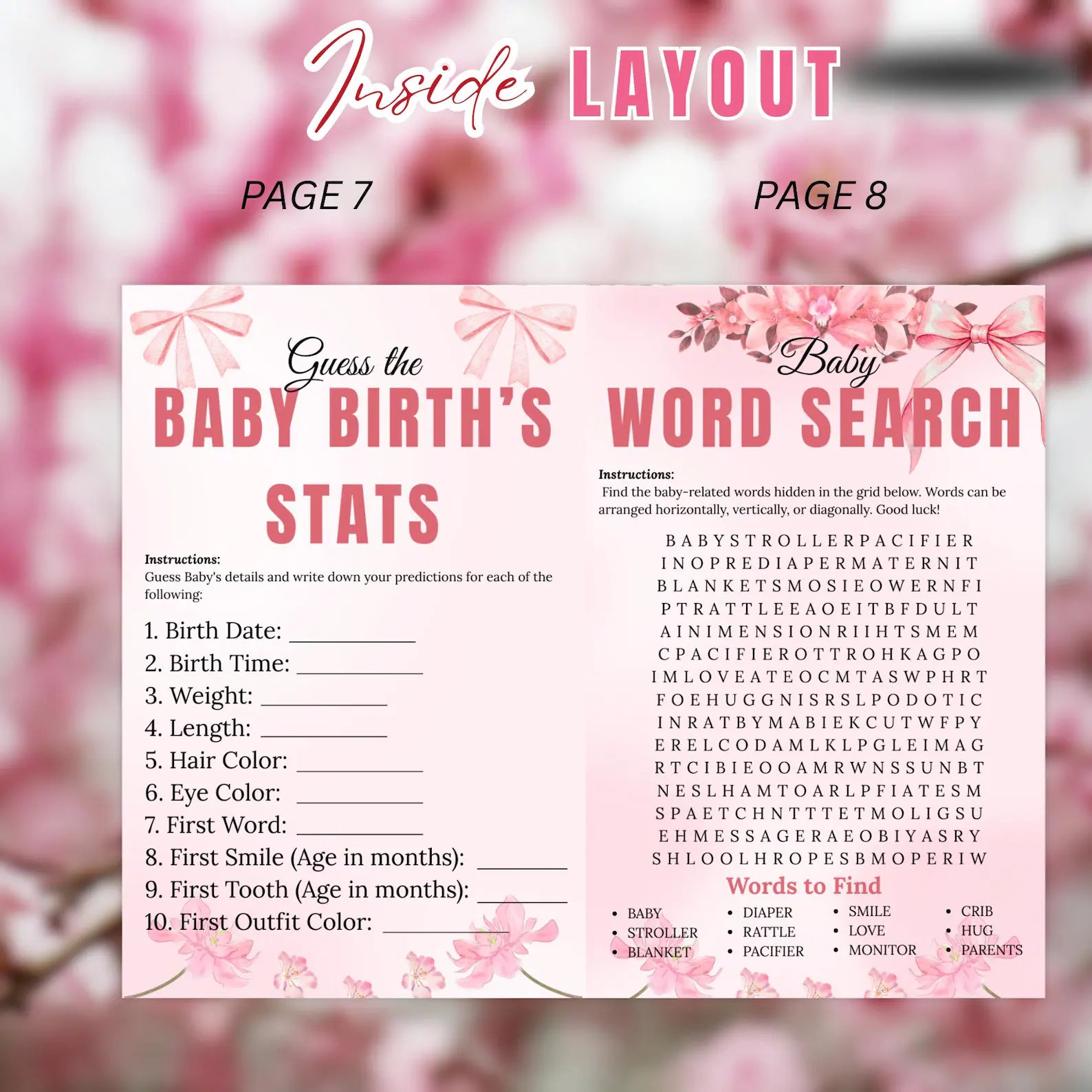Wildflower Baby Shower Activity Booklet, Baby In Bloom Games Bundle, Pink Coquette Bow Themed with photo, Printable Party Decor Template