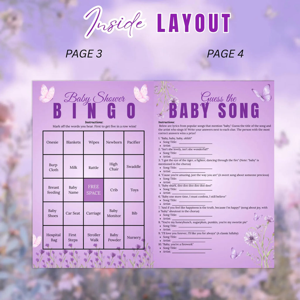 Wildflower Baby Shower Activity Booklet, Baby In Bloom Games Bundle, Purple Butterfly Themed with photo, Printable Party Decor Template