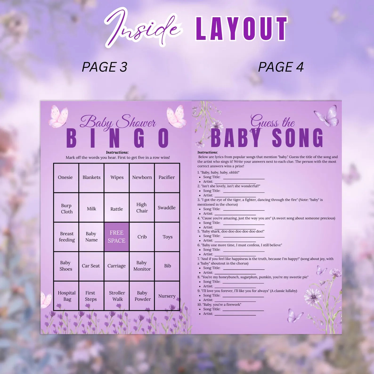 Wildflower Baby Shower Activity Booklet, Baby In Bloom Games Bundle, Purple Butterfly Themed with photo, Printable Party Decor Template
