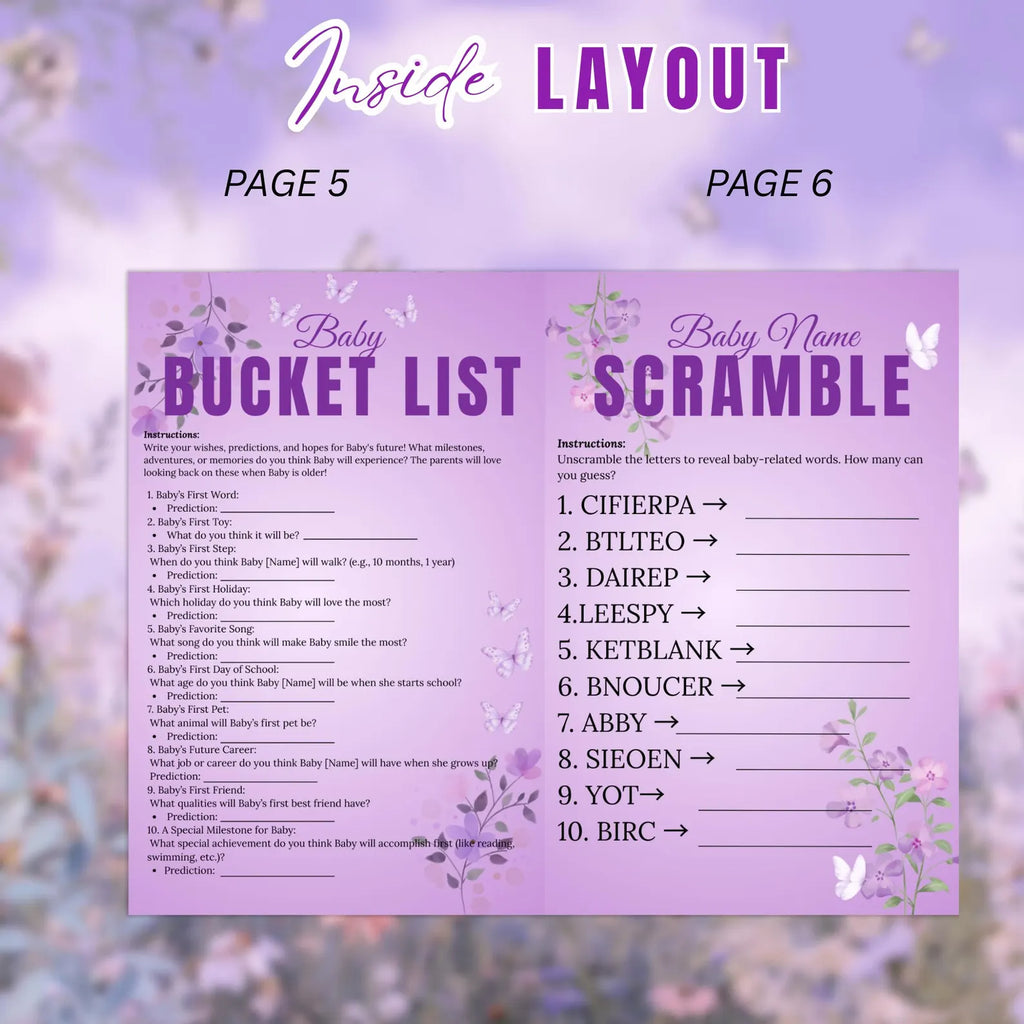 Wildflower Baby Shower Activity Booklet, Baby In Bloom Games Bundle, Purple Butterfly Themed with photo, Printable Party Decor Template
