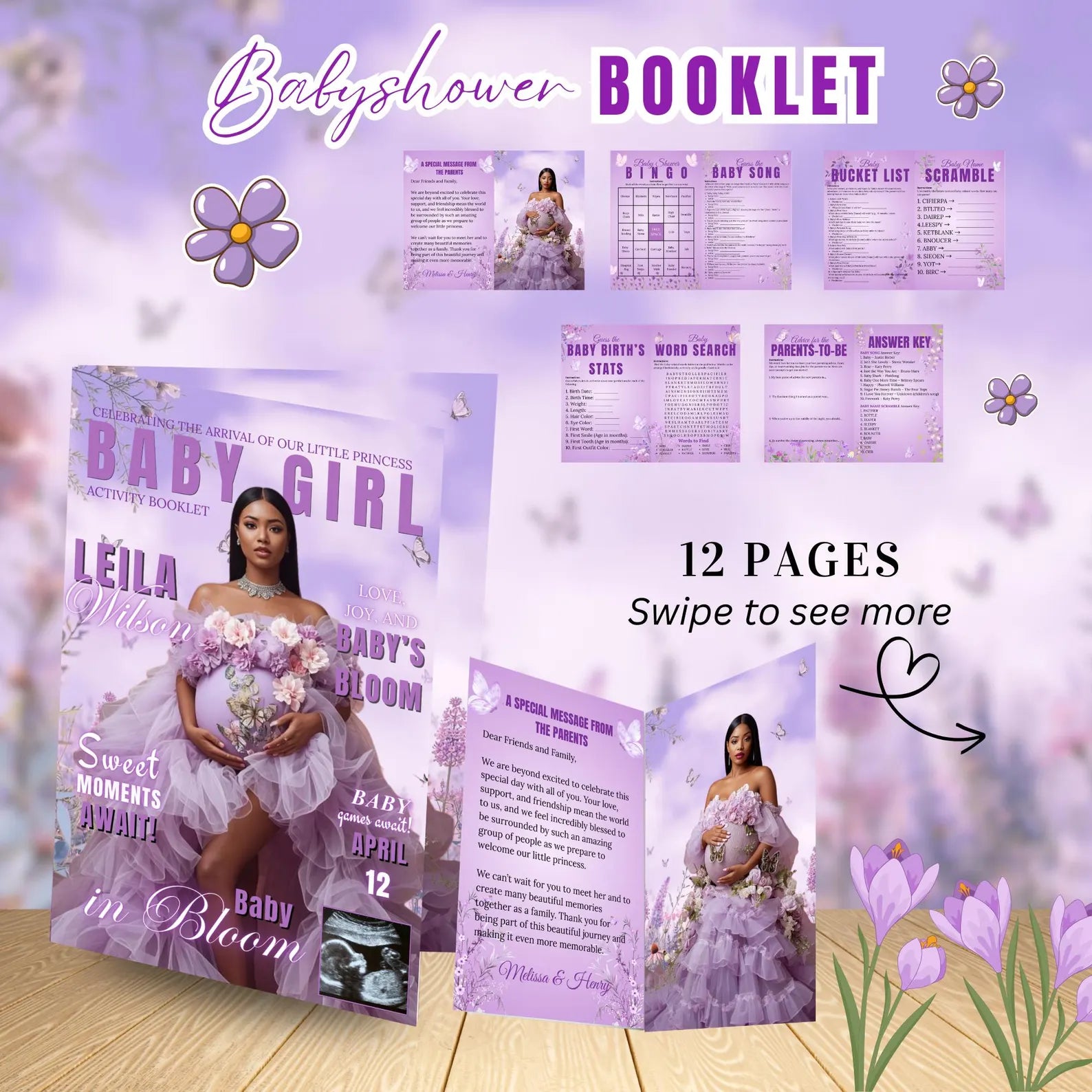 Wildflower Baby Shower Activity Booklet, Baby In Bloom Games Bundle, Purple Butterfly Themed with photo, Printable Party Decor Template