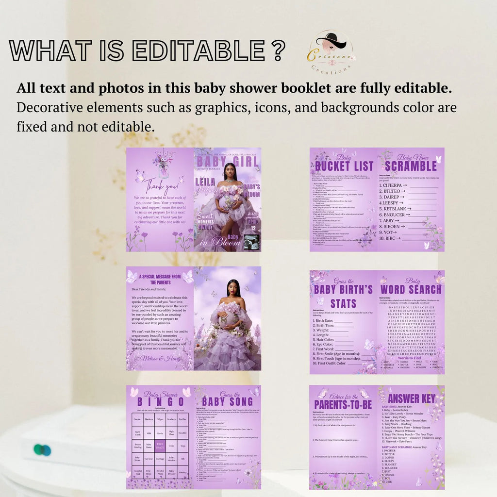Wildflower Baby Shower Activity Booklet, Baby In Bloom Games Bundle, Purple Butterfly Themed with photo, Printable Party Decor Template