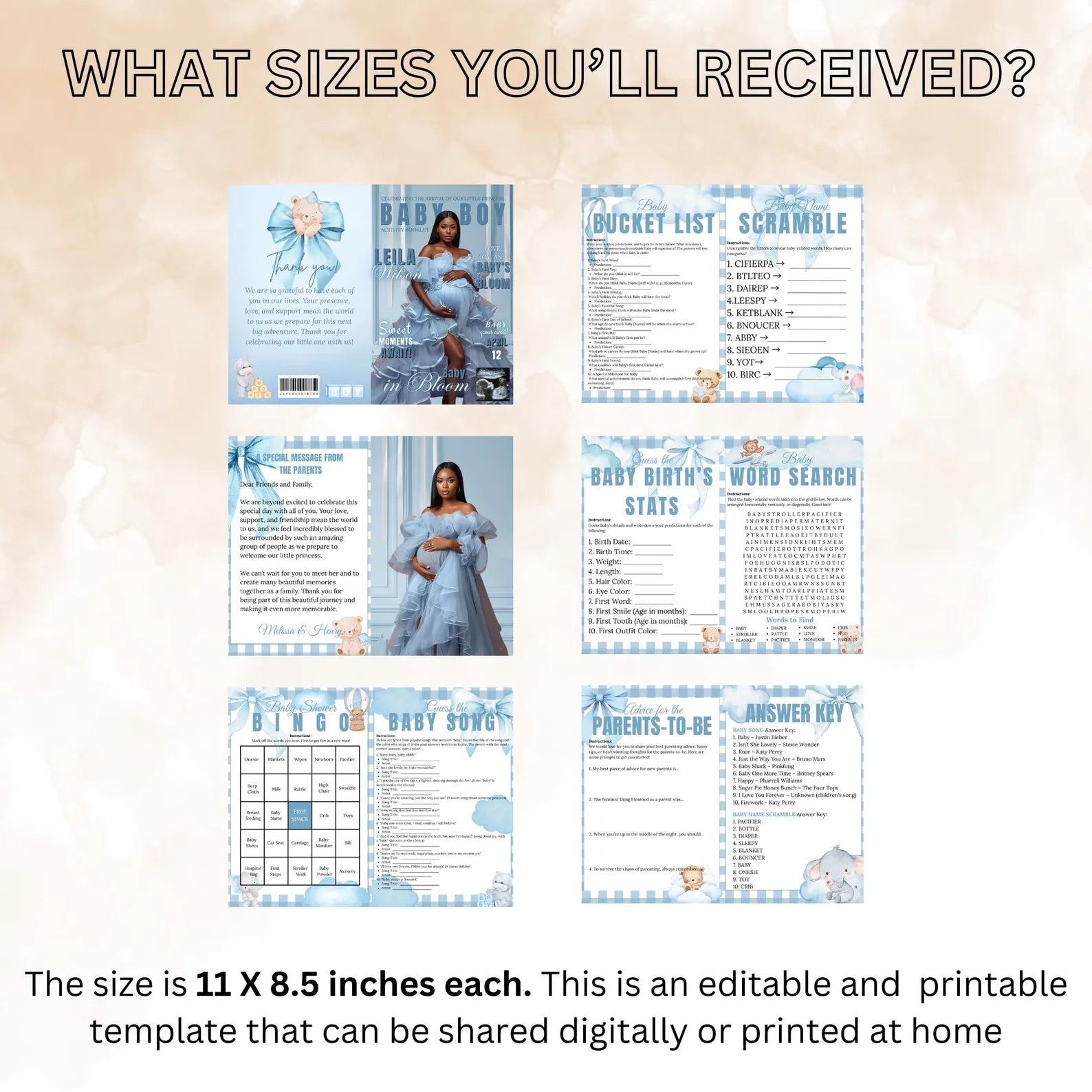 Blue Baby Shower Activity Booklet, Baby Shower Games Bundle Oh BABY game with photo, Its A Boy Magazine Theme Printable Party Decor Template