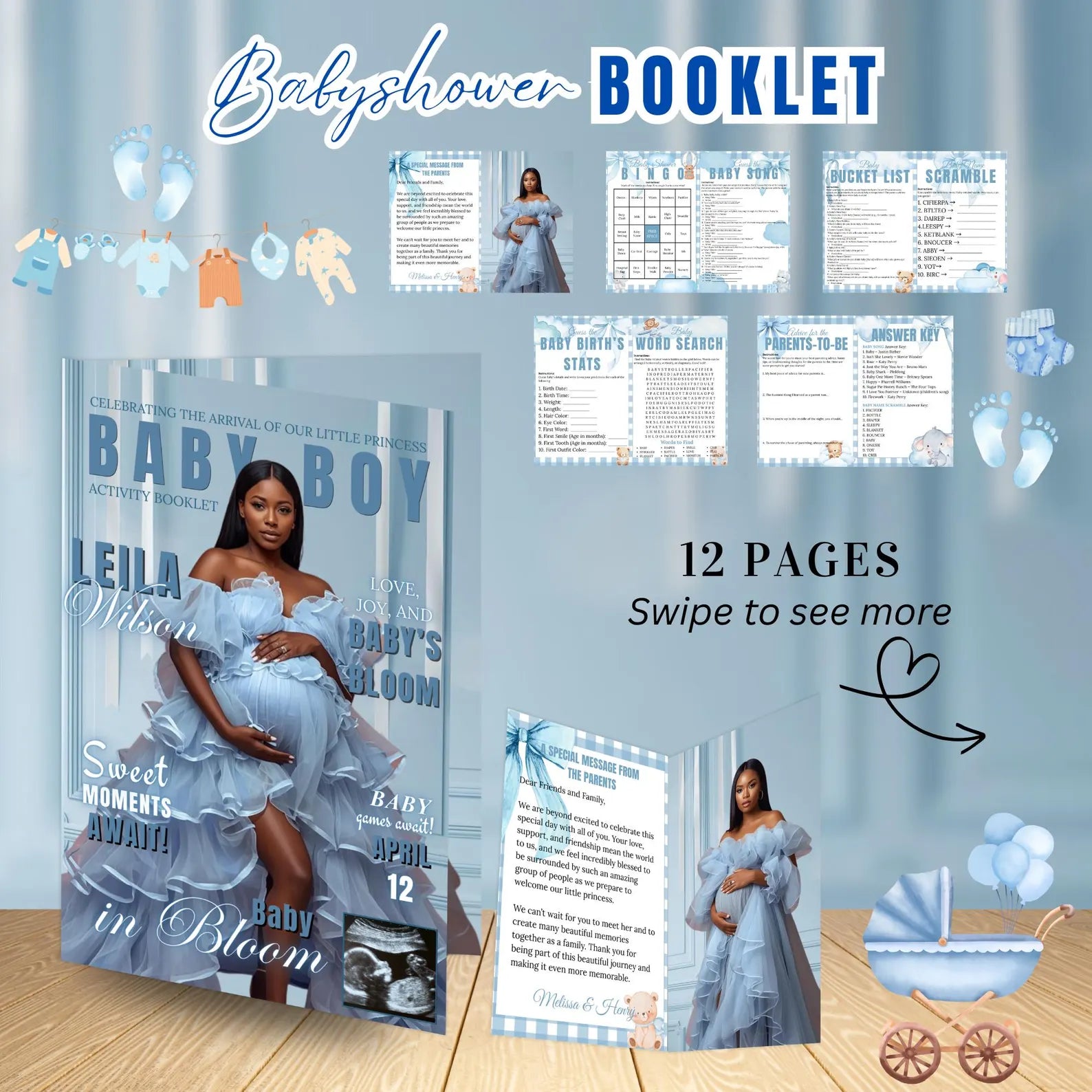 Blue Baby Shower Activity Booklet, Baby Shower Games Bundle Oh BABY game with photo, Its A Boy Magazine Theme Printable Party Decor Template