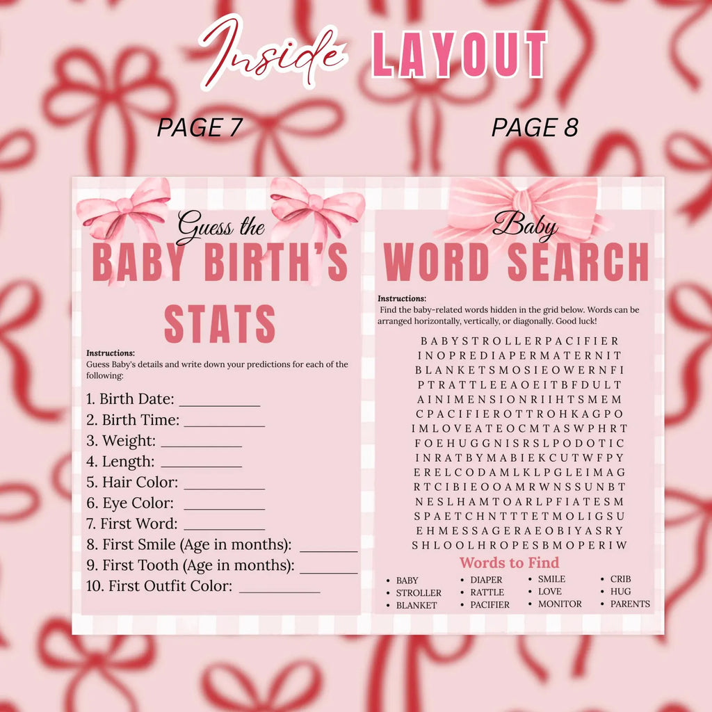 Coquette Baby Shower Activity Booklet, Pink Bow Games Bundle, Its a Girl Booklet with photo, Oh Baby Games Printable Party Decor Template