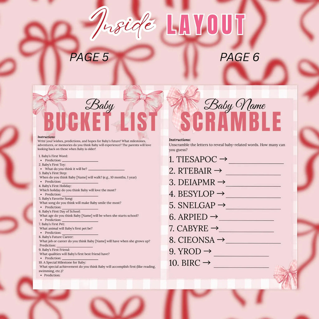 Coquette Baby Shower Activity Booklet, Pink Bow Games Bundle, Its a Girl Booklet with photo, Oh Baby Games Printable Party Decor Template