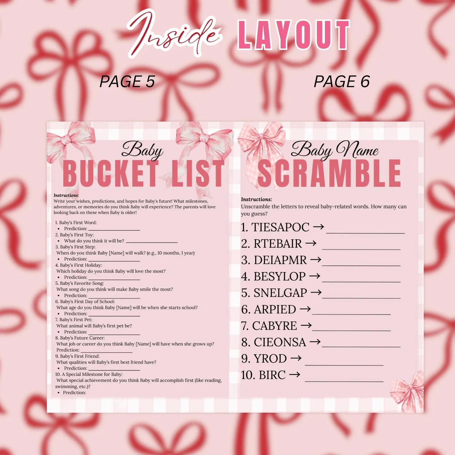 Coquette Baby Shower Activity Booklet, Pink Bow Games Bundle, Its a Girl Booklet with photo, Oh Baby Games Printable Party Decor Template