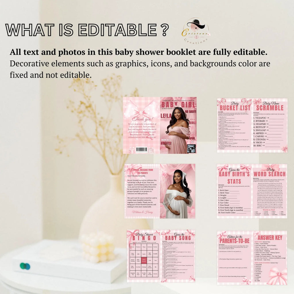 Coquette Baby Shower Activity Booklet, Pink Bow Games Bundle, Its a Girl Booklet with photo, Oh Baby Games Printable Party Decor Template