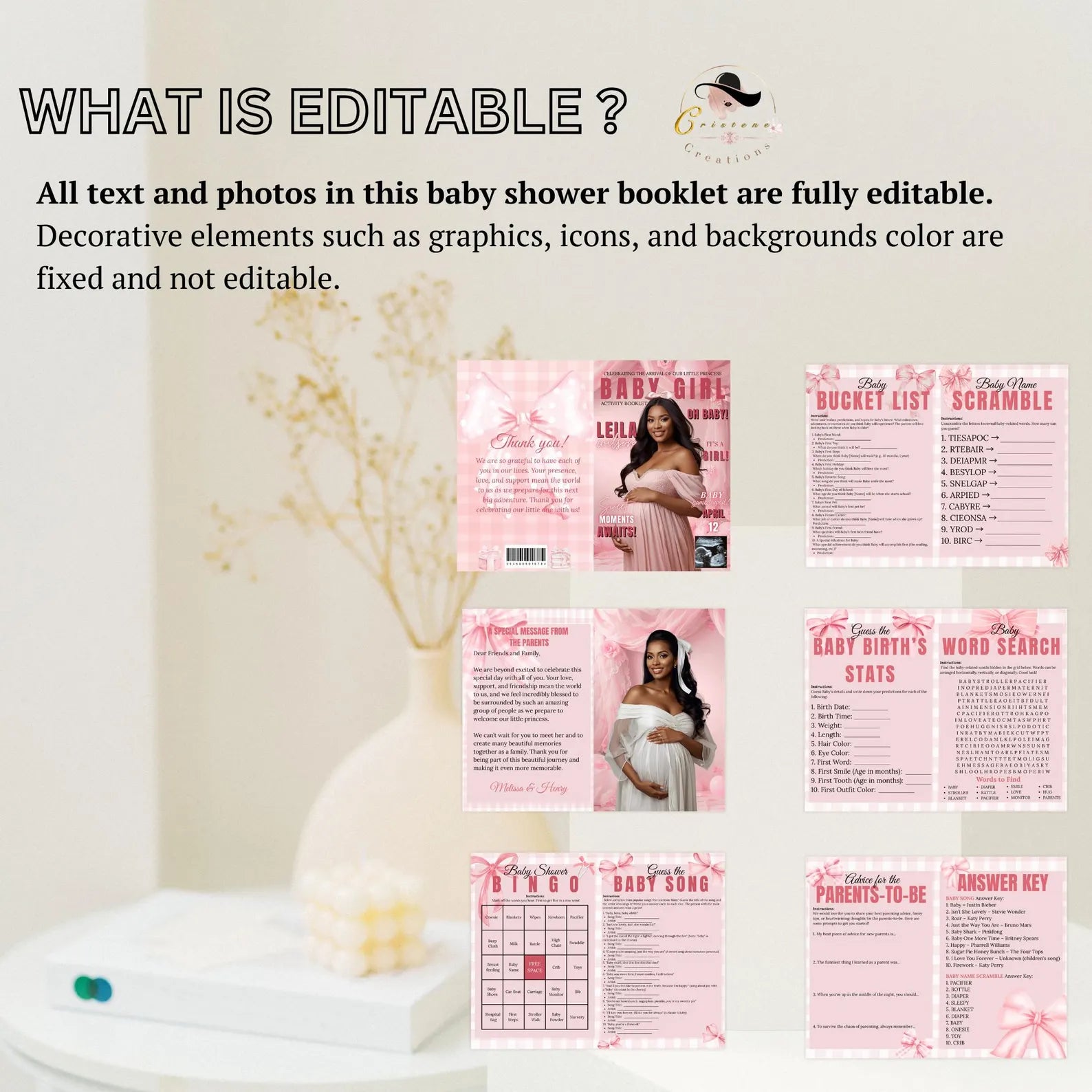 Coquette Baby Shower Activity Booklet, Pink Bow Games Bundle, Its a Girl Booklet with photo, Oh Baby Games Printable Party Decor Template