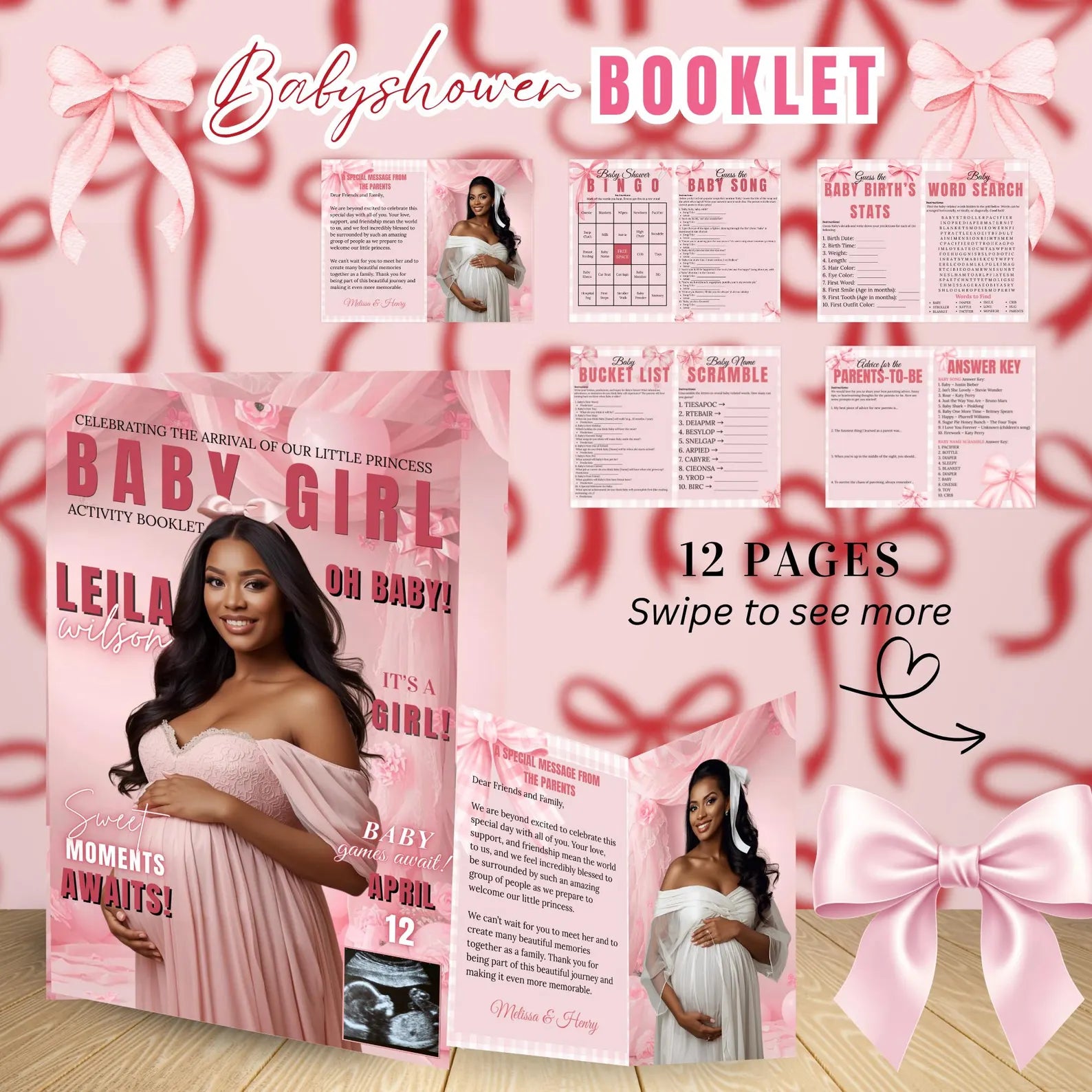 Coquette Baby Shower Activity Booklet, Pink Bow Games Bundle, Its a Girl Booklet with photo, Oh Baby Games Printable Party Decor Template