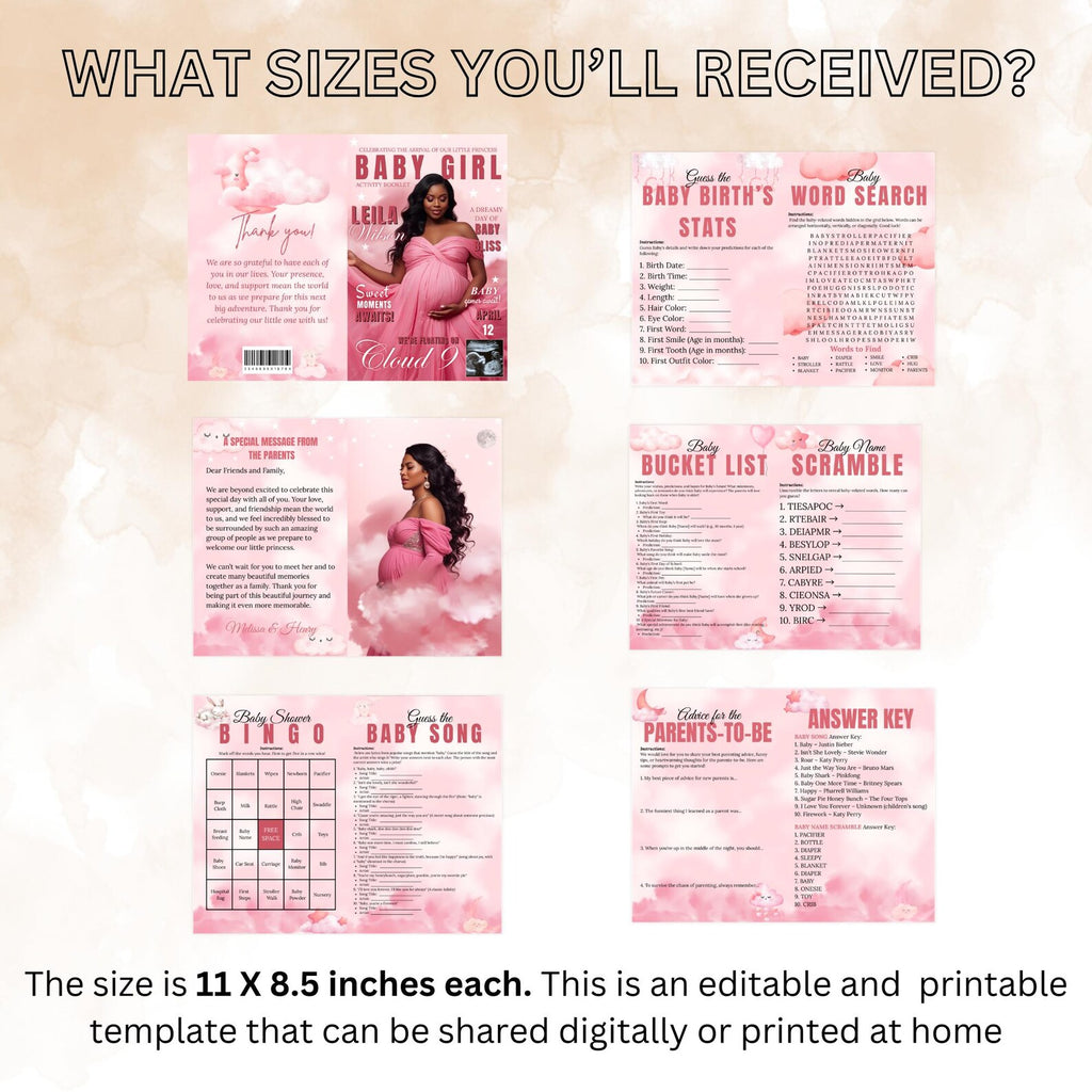Cloud 9 Baby Shower Activity Booklet, Pink Cloud Nine Games Bundle, Girl Booklet with photo, Oh Baby Games Printable Party Decor Template