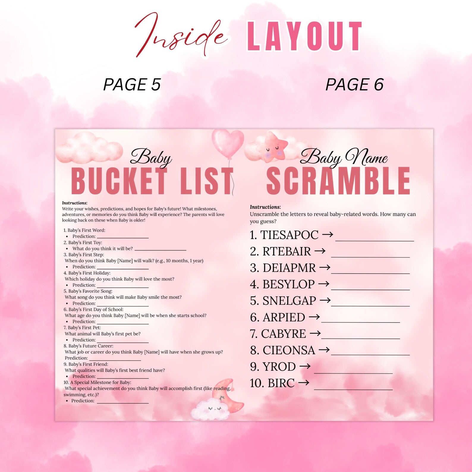 Cloud 9 Baby Shower Activity Booklet, Pink Cloud Nine Games Bundle, Girl Booklet with photo, Oh Baby Games Printable Party Decor Template